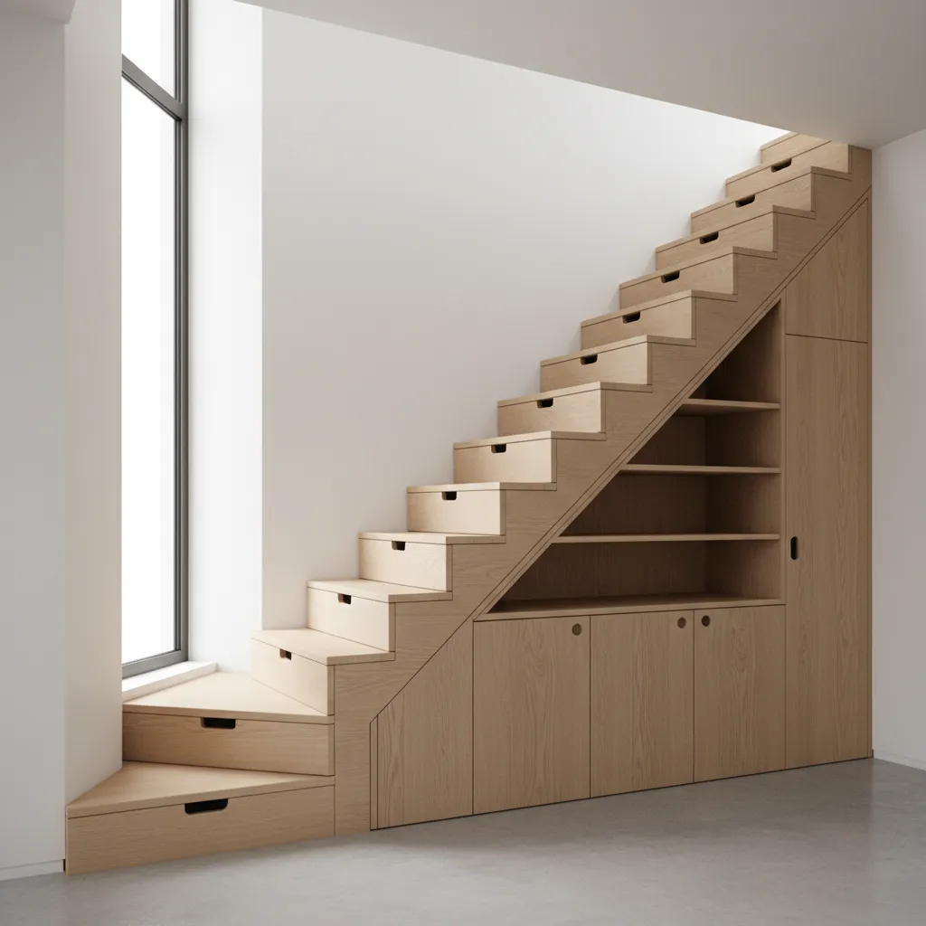 Modern staircase with integrated drawers and storage cabinets