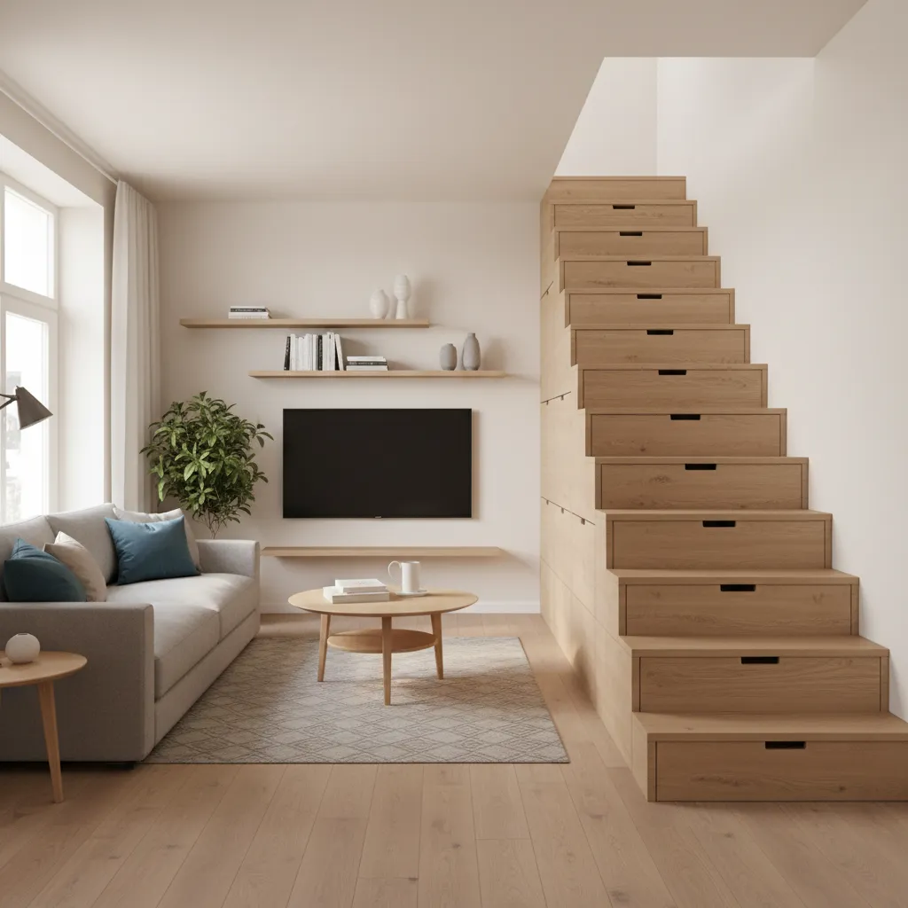 Living room staircase with built in drawer storage under each step