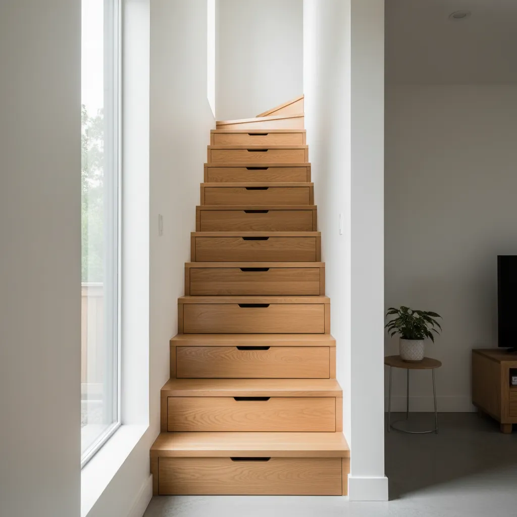 Escalera con almacenamiento integrado en casa pequeña