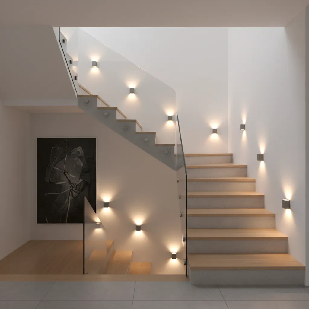 Modern wooden staircase with glass railing featuring small wall lights on a white minimalist wall