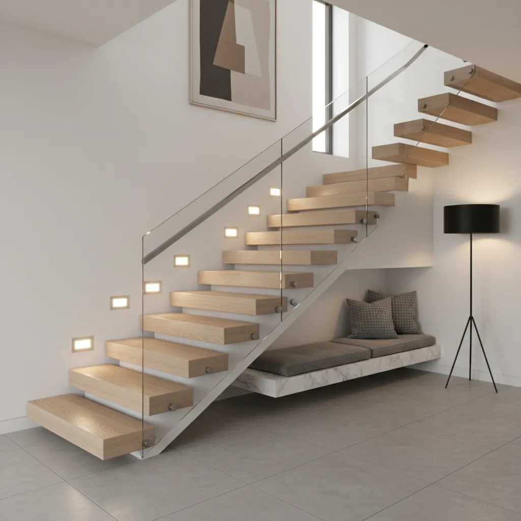 Floating wooden staircase with glass railing and wall lights above a seating nook with cushions