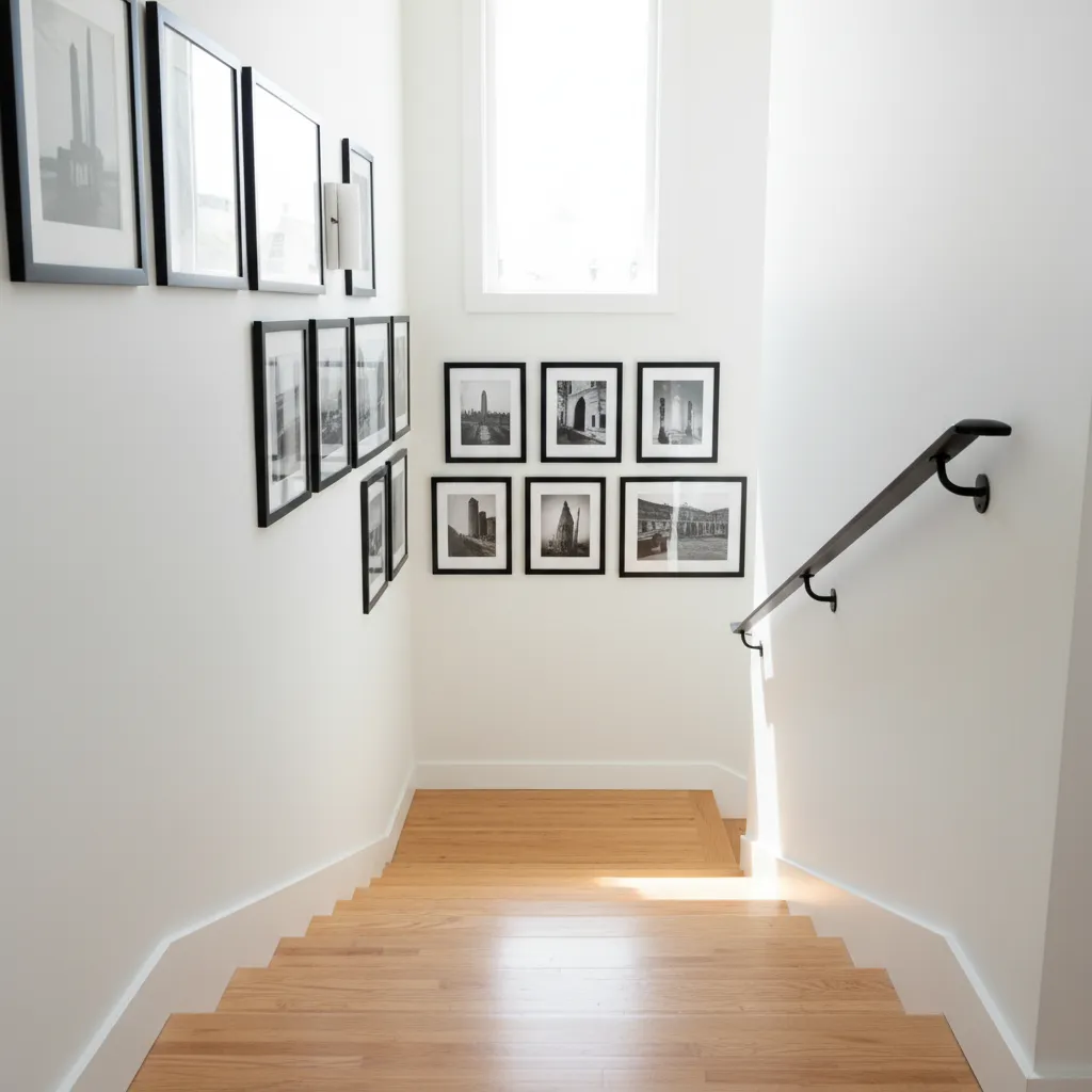 Family photo frames arranged neatly along a staircase wall following the stair slope