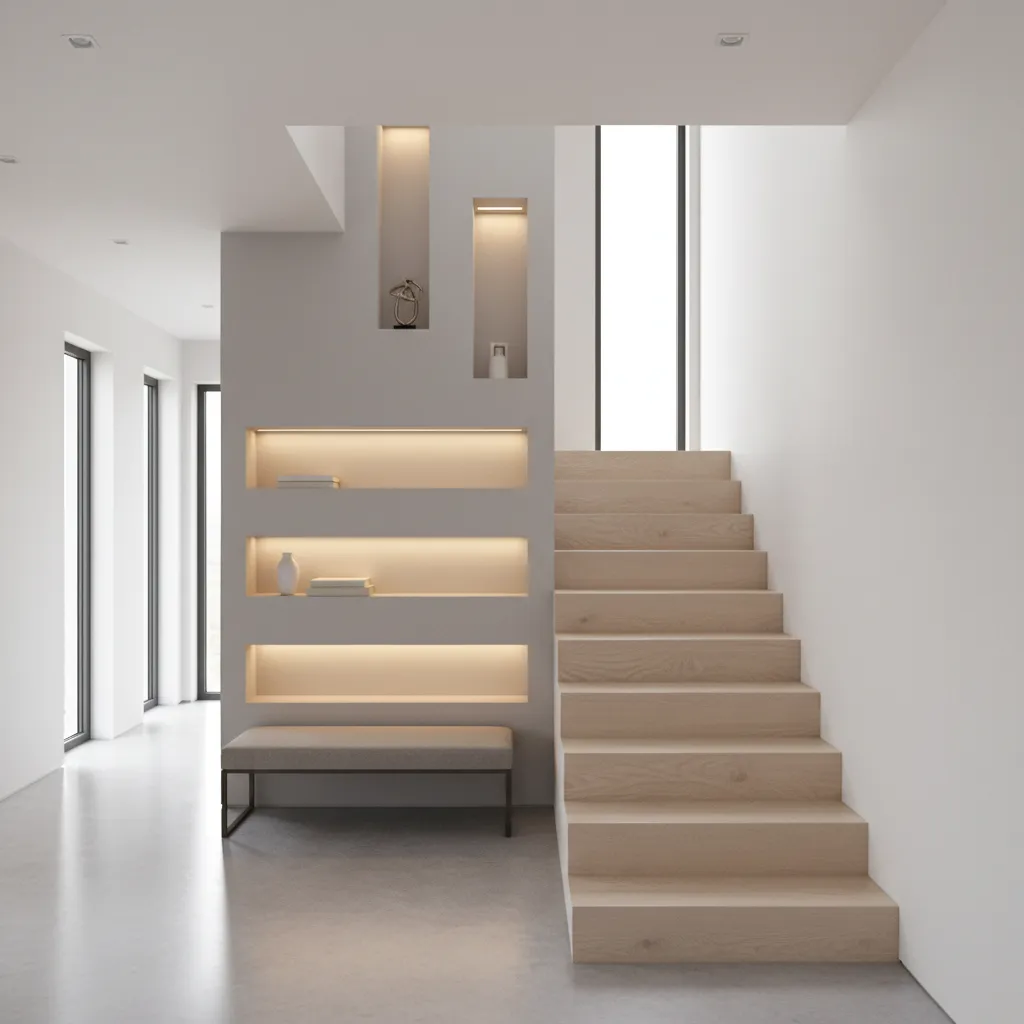 staircase outer wall with built in storage niches and decor shelves