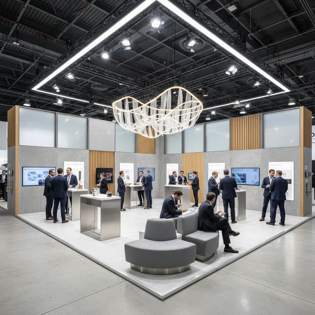 Stand de feria con arquitectura efímera y recorrido abierto para visitantes