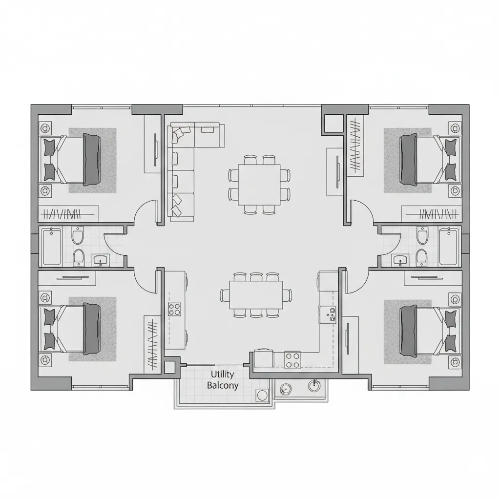 Standard 3 BHK apartment floor plan without servant room showing larger living area