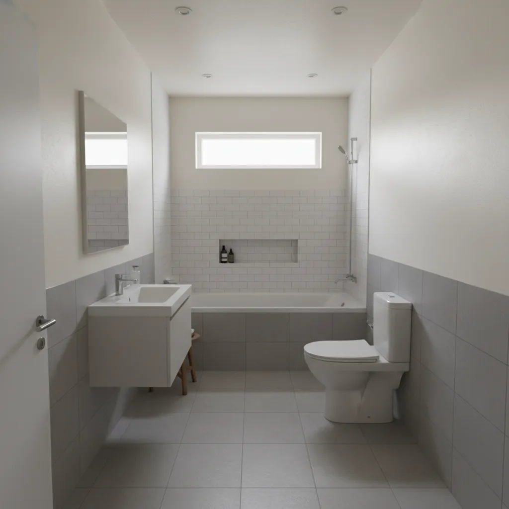 Standard 9x5 bathroom layout with tub toilet and vanity arrangement