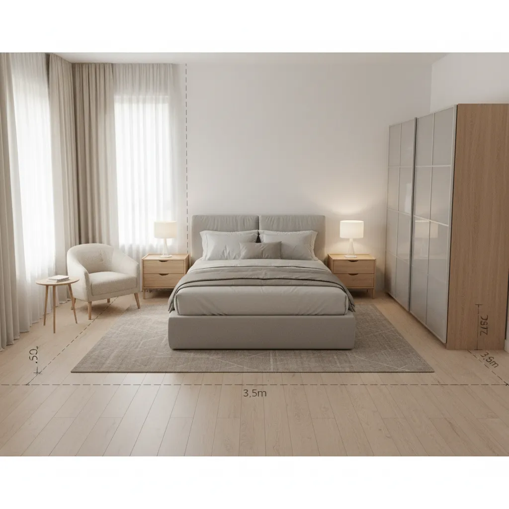 Bedroom layout showing standard furniture spacing and room dimensions