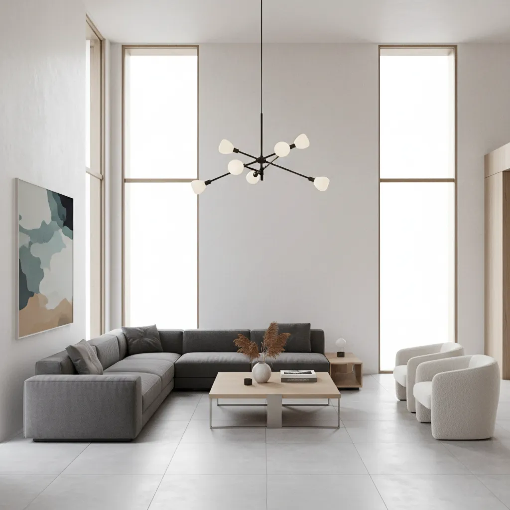 Modern living room with standard 9 foot ceiling height and pendant lighting