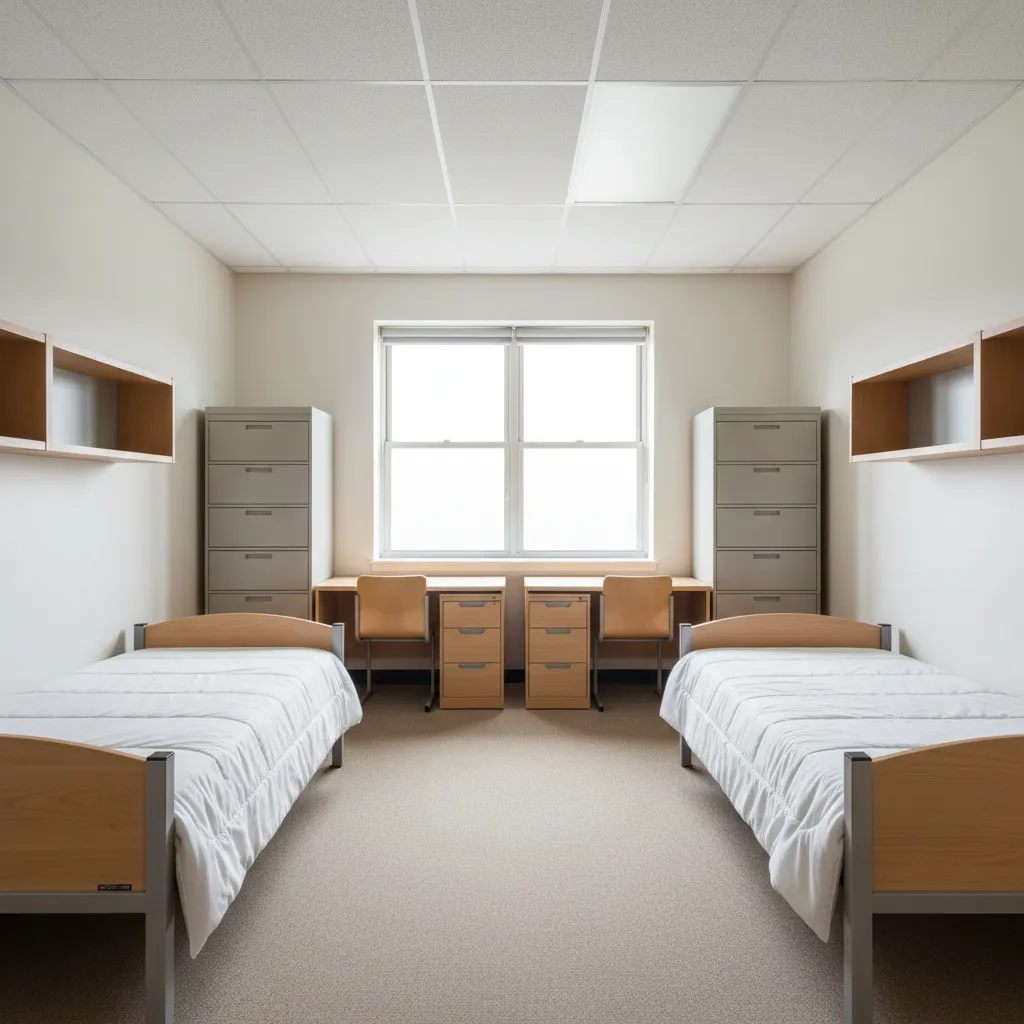 standard university dorm room architecture with two beds desks and shared layout