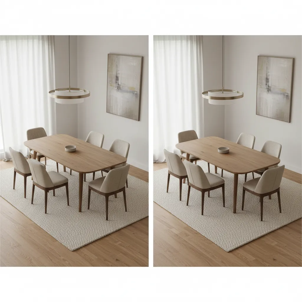 comparison of dining tables placed on 8x10 and 9x12 rugs