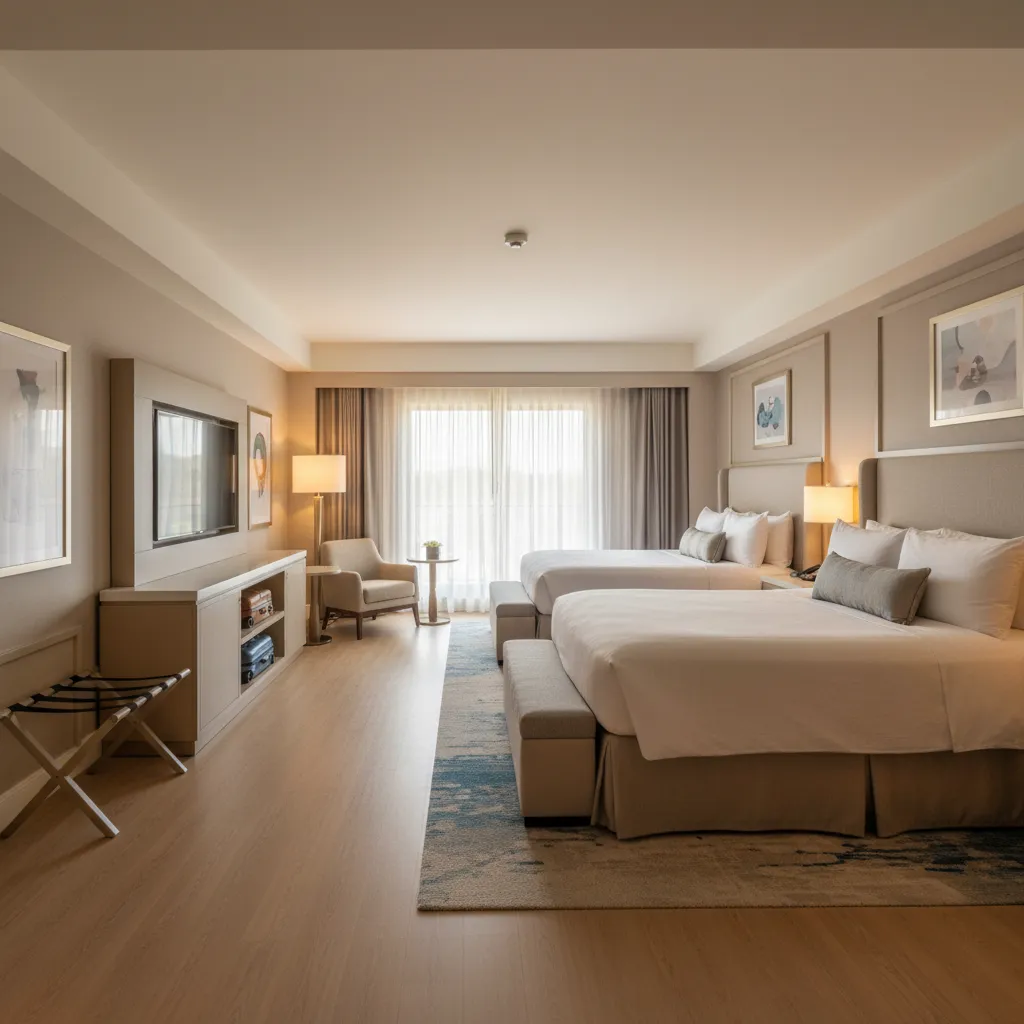 Typical Disney hotel room layout with two beds, luggage storage, and organized walking space