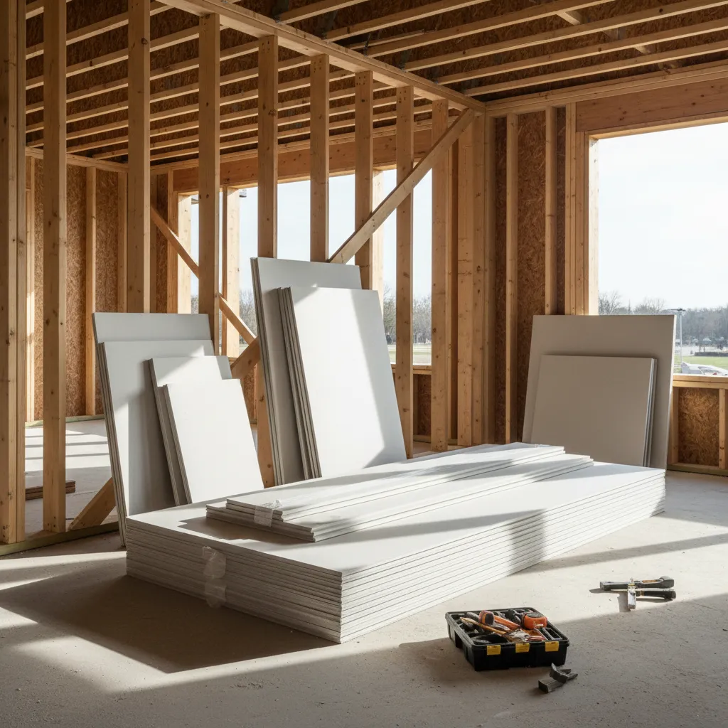 Stack of standard drywall panels in multiple sizes on a construction site