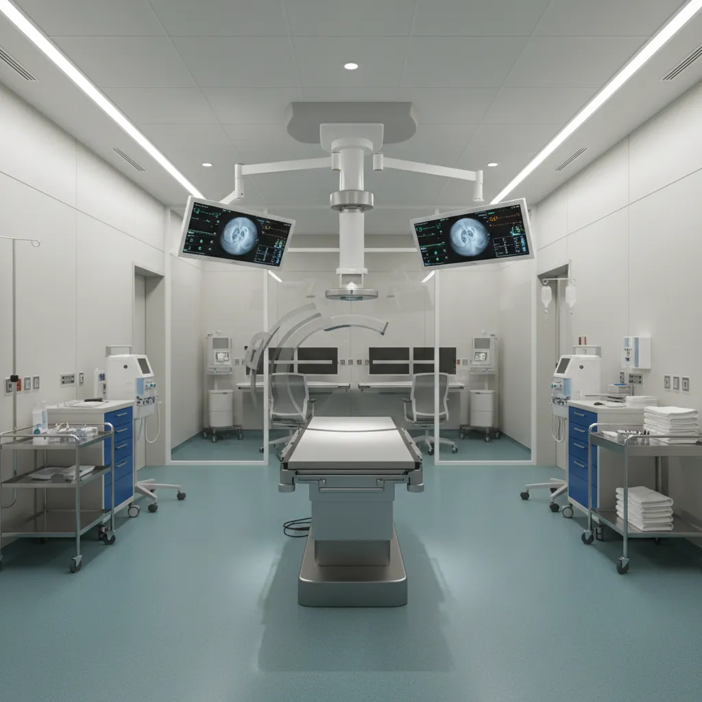 standard interventional radiology room layout with angiography system and patient table