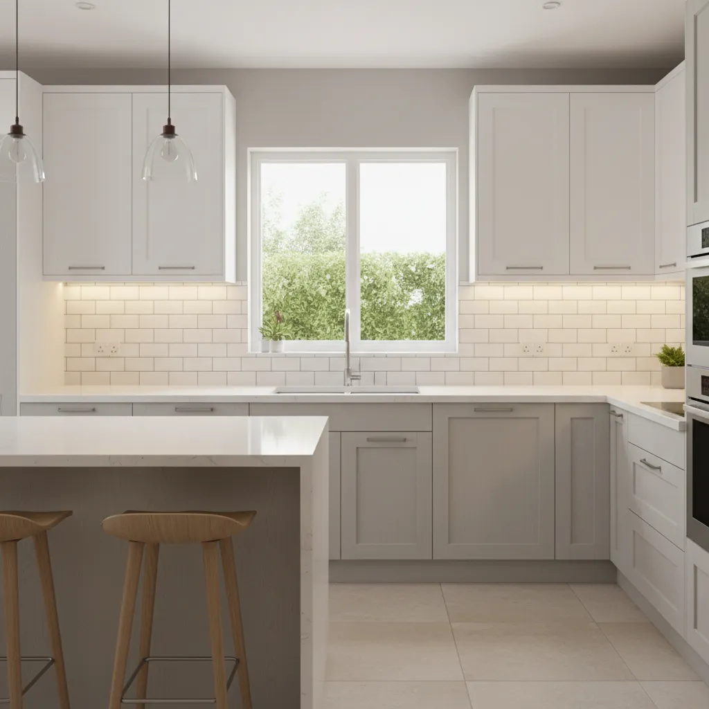 kitchen with standard 18 inch backsplash between countertop and upper cabinets