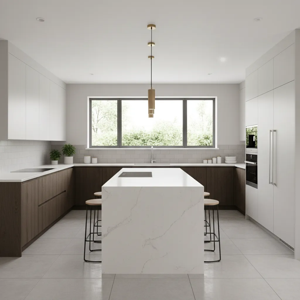 Kitchen showing standard island dimensions with seating and balanced layout