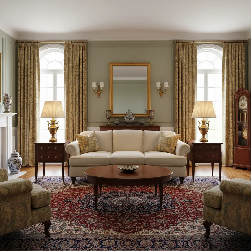 Traditional living room with beige sofa round coffee table patterned rug and two table lamps