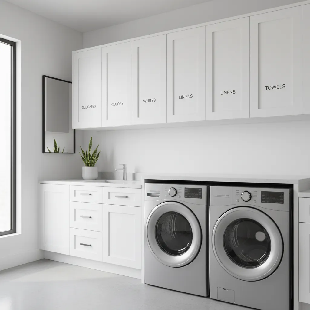 Laundry room wall cabinets in typical modular widths above washer dryer