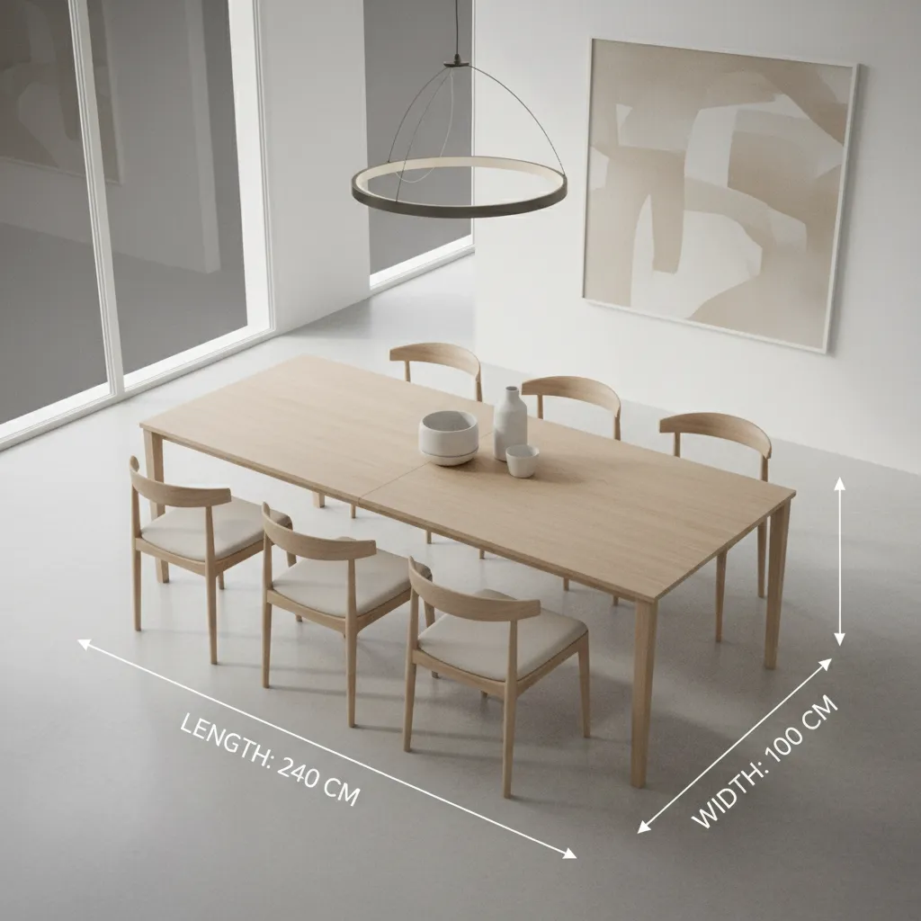 Rectangular dining table with labeled standard dimensions in a dining room layout