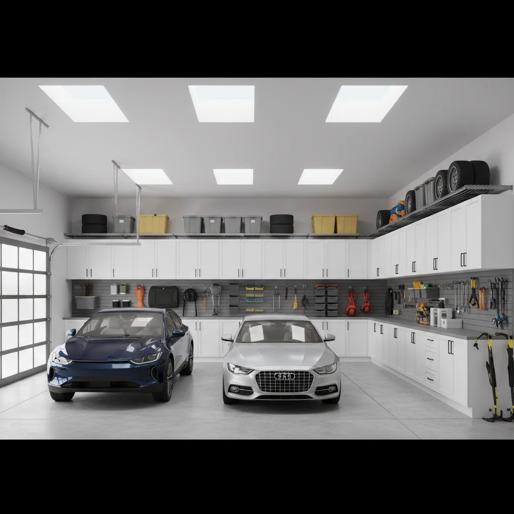 organized residential two car garage layout with wall storage