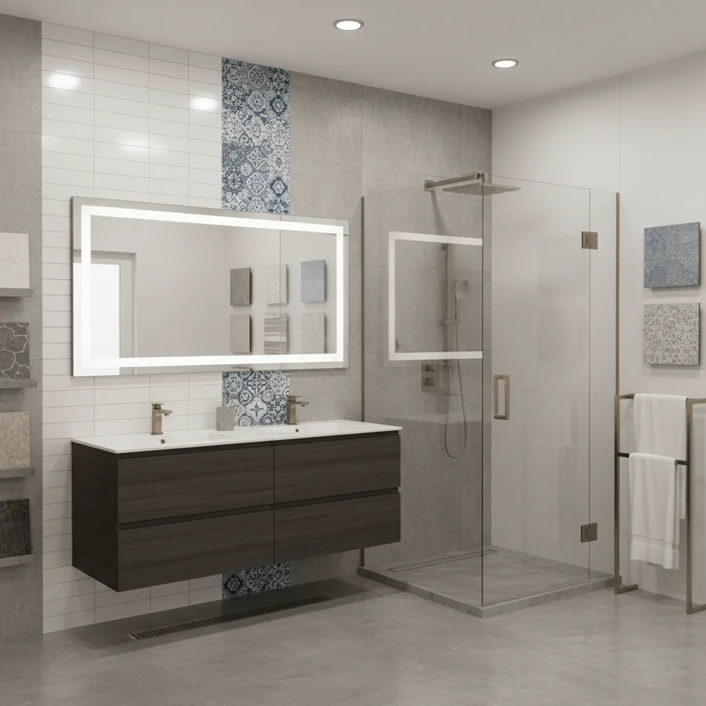 standardized bathroom remodel display with vanity shower and tile samples
