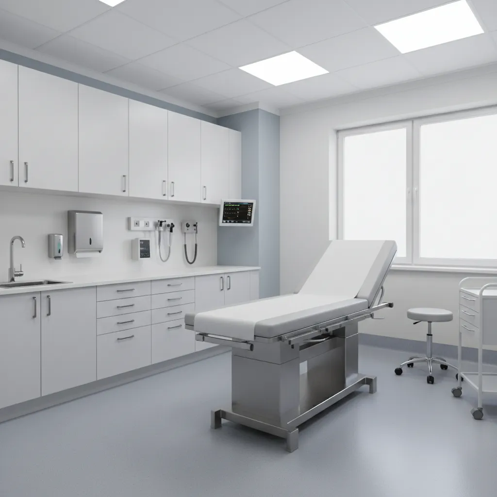 Standardized medical exam room layout with exam table, storage cabinets, and diagnostic equipment