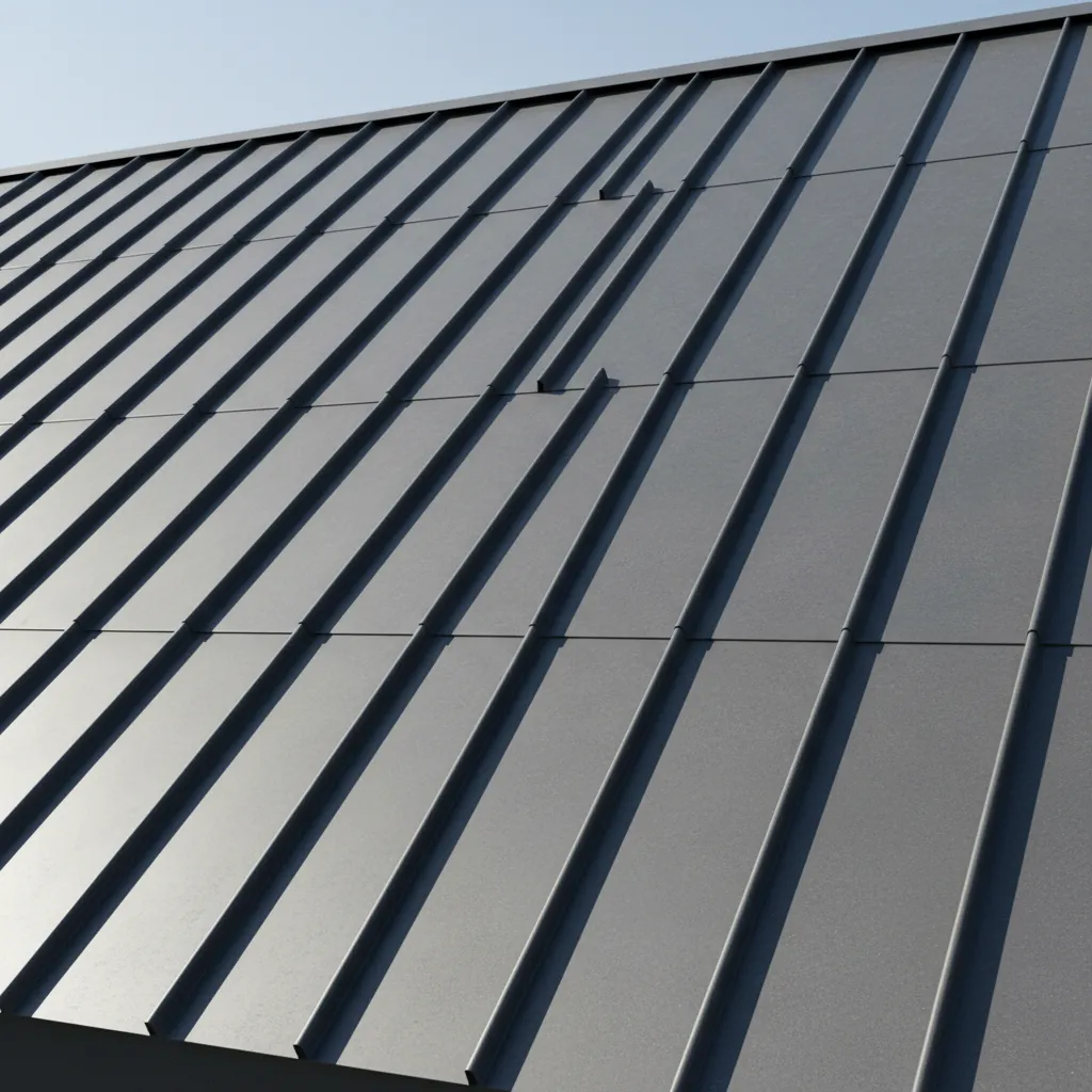 close up of standing seam metal roof panels showing vertical seams and metal texture