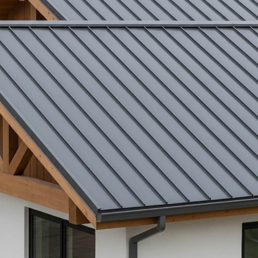 Close view of standing seam metal roofing on modern shed roof