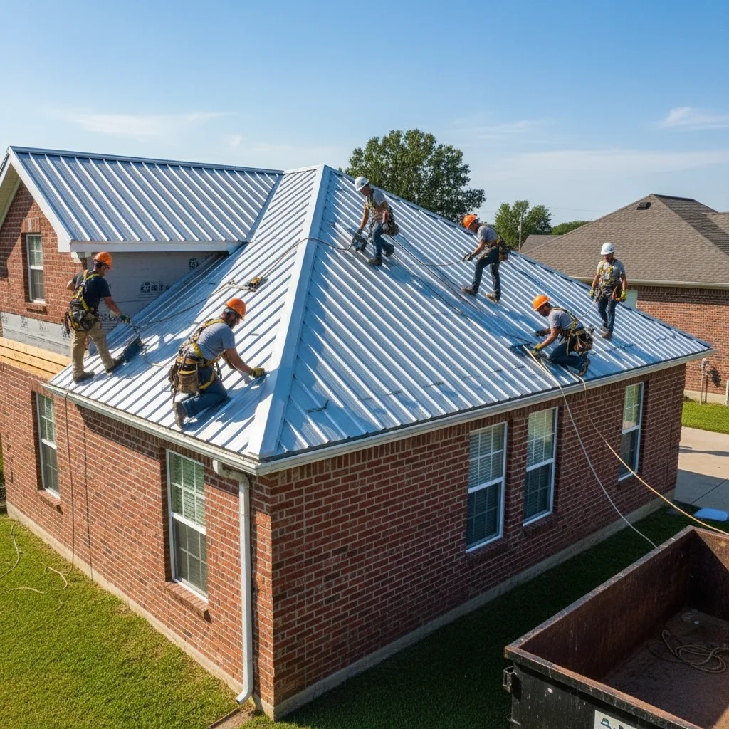 contractors installing standing seam metal roofing panels on residential roof