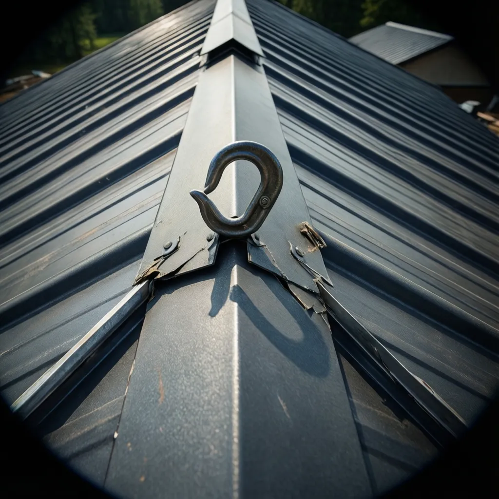 Ladder hook resting between standing seams on a metal roof panel