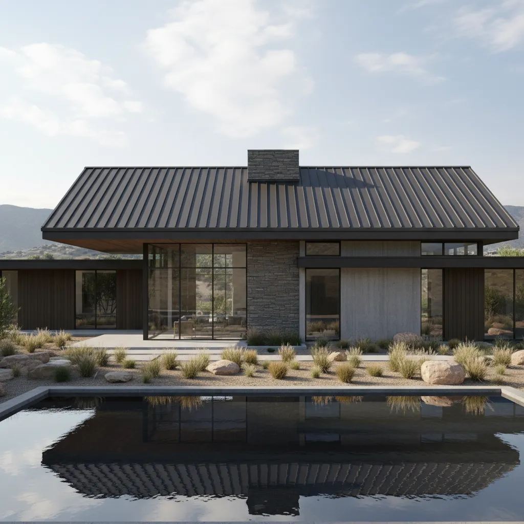 Standing seam metal roof with vertical seams and clean architectural lines