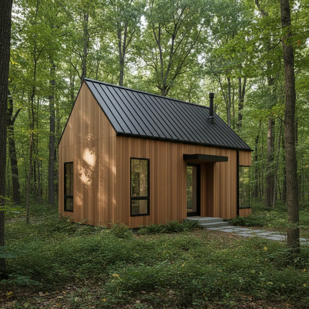 Modern wooden cabin with black metal roof vertical wood walls and large windows in forest