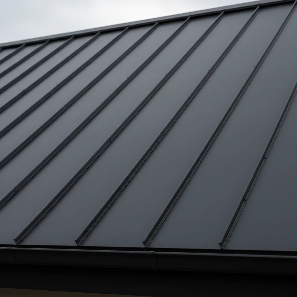 Close up view of a dark grey metal roof with many clean and vertical lines