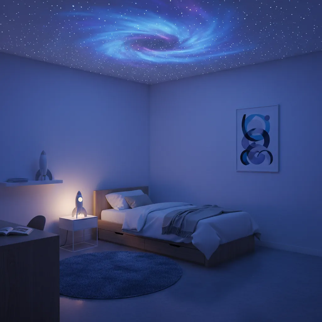kids bedroom ceiling with galaxy star projector lighting