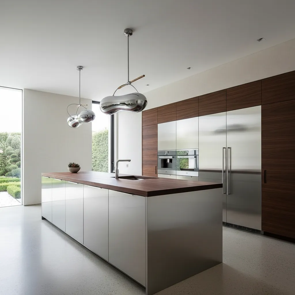 Cocina moderna minimalista con isla central y lámpara escultórica