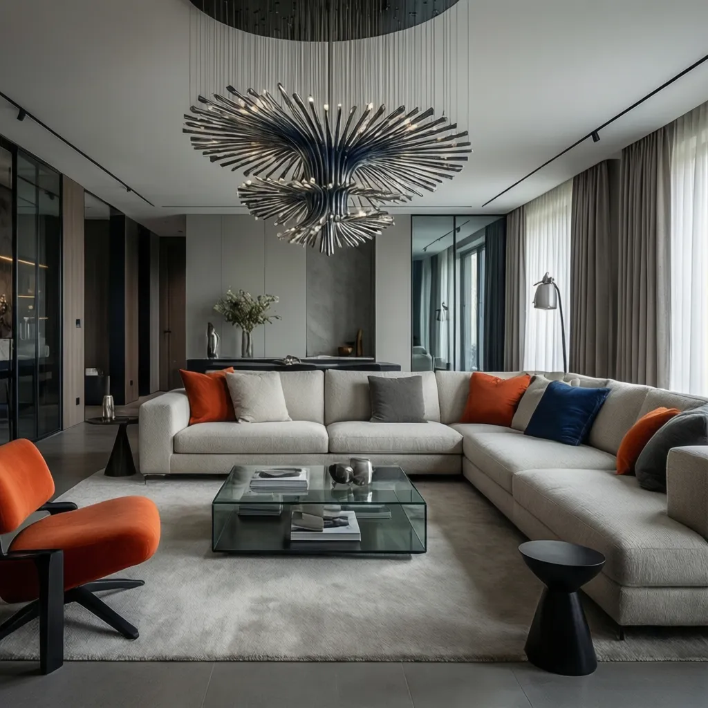 Salón moderno con contraste entre mobiliario minimalista y una lámpara escultórica