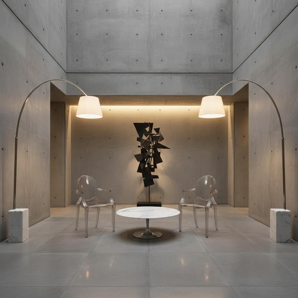 Lobby minimalista con muebles icónicos y lámparas escultóricas