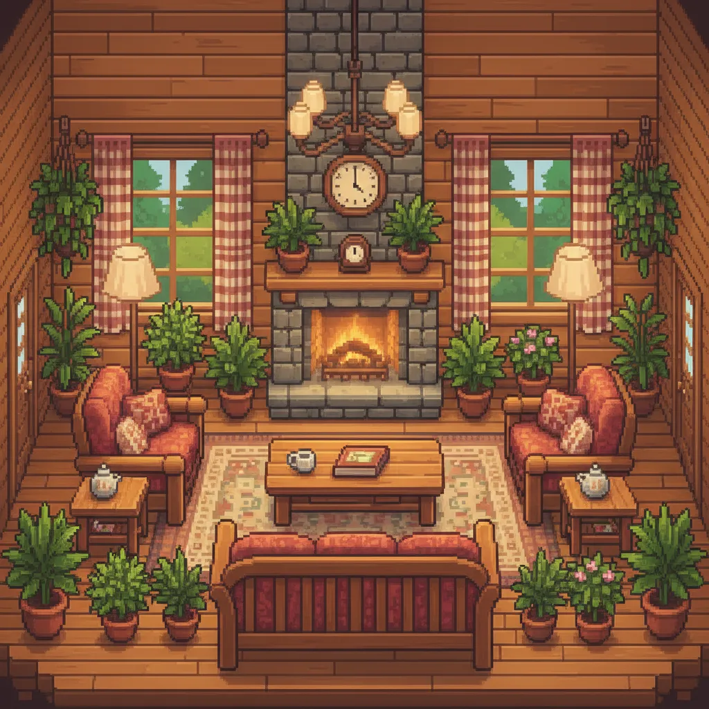 Sala en Stardew Valley organizada alrededor de un sofá central