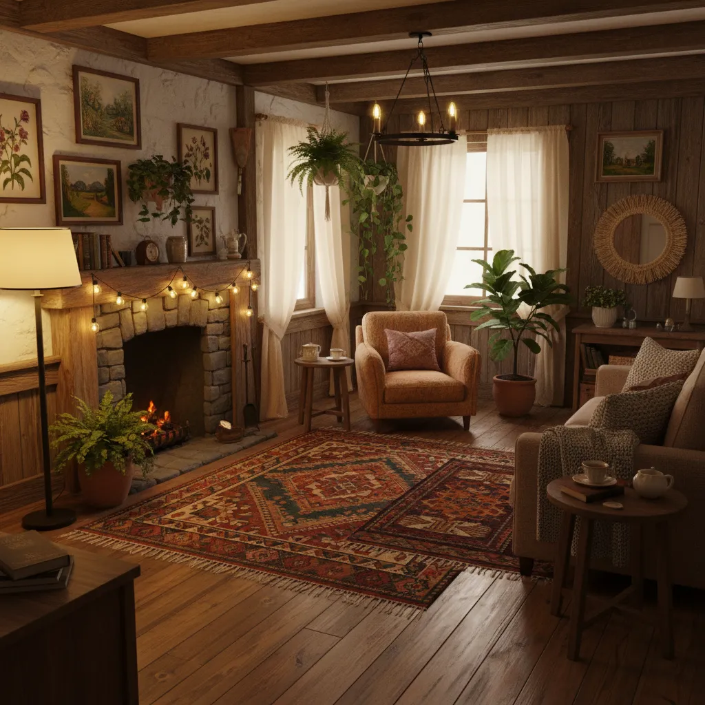 Detalles decorativos en una casa de Stardew Valley con plantas, alfombras y lámparas