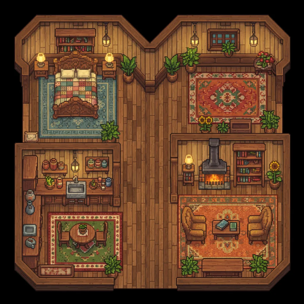 Distribución interior de una casa de Stardew Valley dividida en zonas funcionales