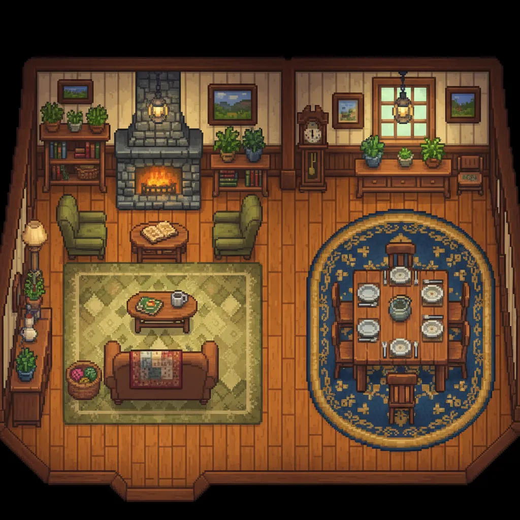 Uso de alfombras para separar zonas dentro de una casa en Stardew Valley