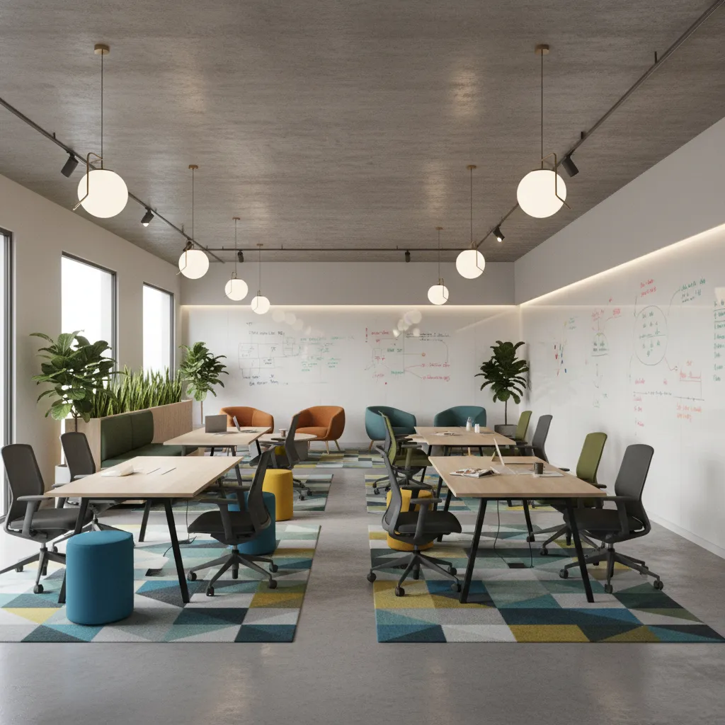 startup office collaboration meeting space with flexible seating and whiteboards