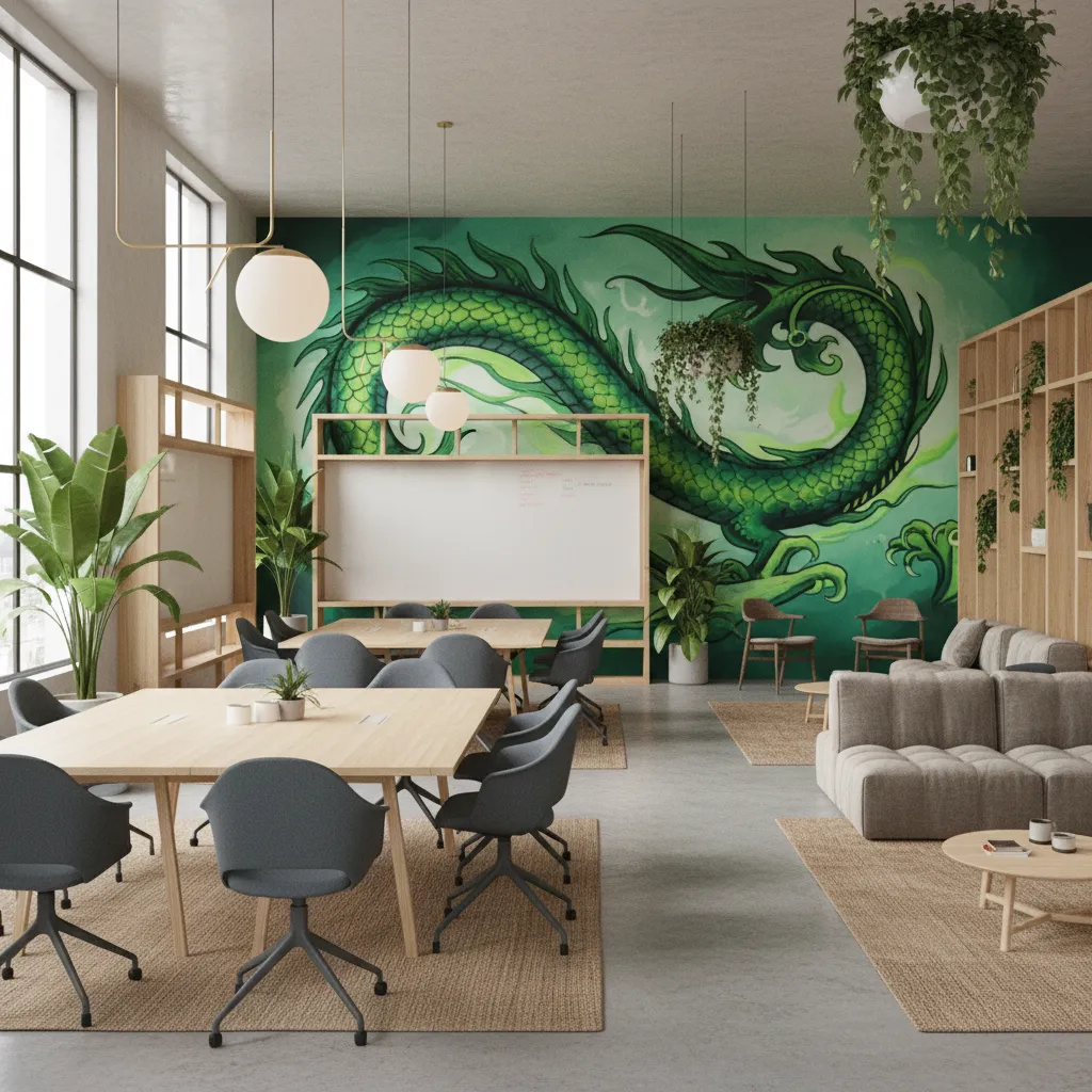 creative startup office interior with green accents murals and collaborative workspace