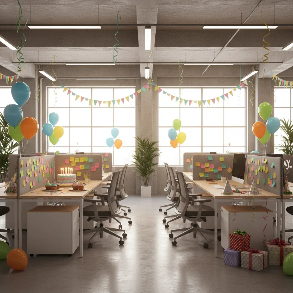 colorful startup office desk decorated for a coworker's birthday with playful theme