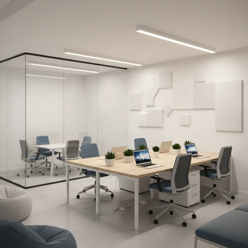 Small startup office with collaborative desks and meeting area