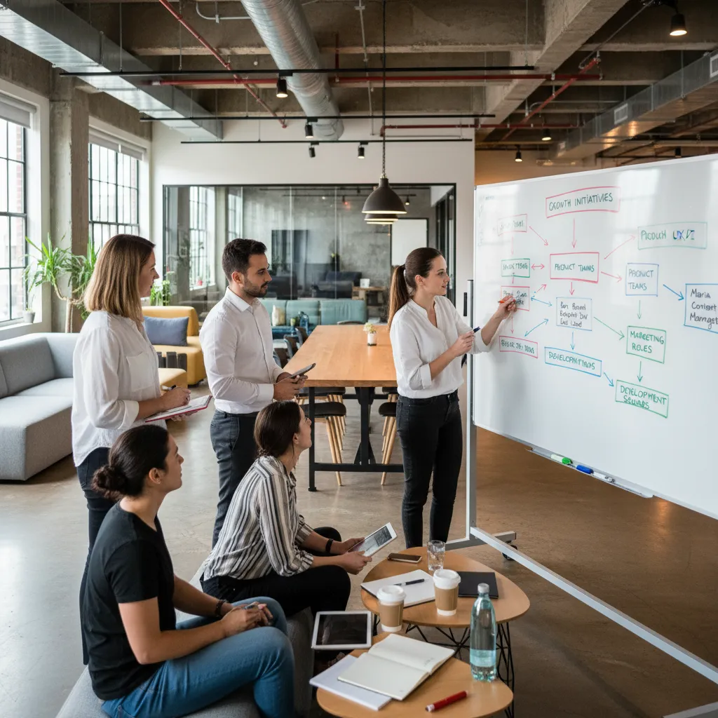 Coohom team discussing a colorful flowchart on a large whiteboard in a modern bright office