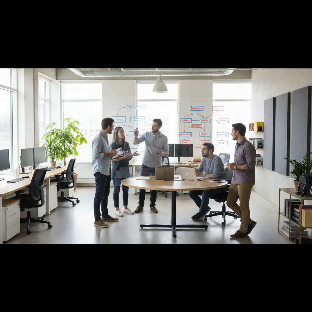 Equipo de startup revisando la estructura organizativa en una pizarra