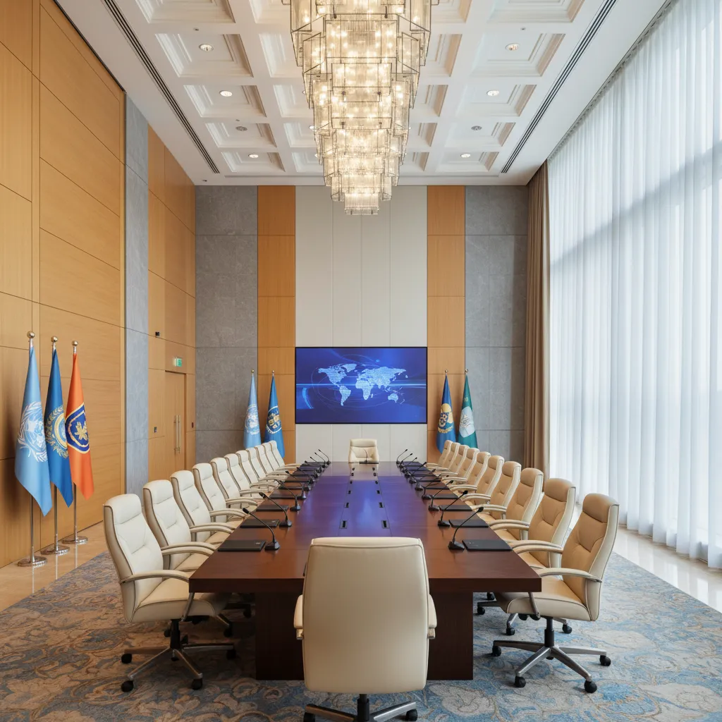 Large diplomatic conference room inside a government headquarters building