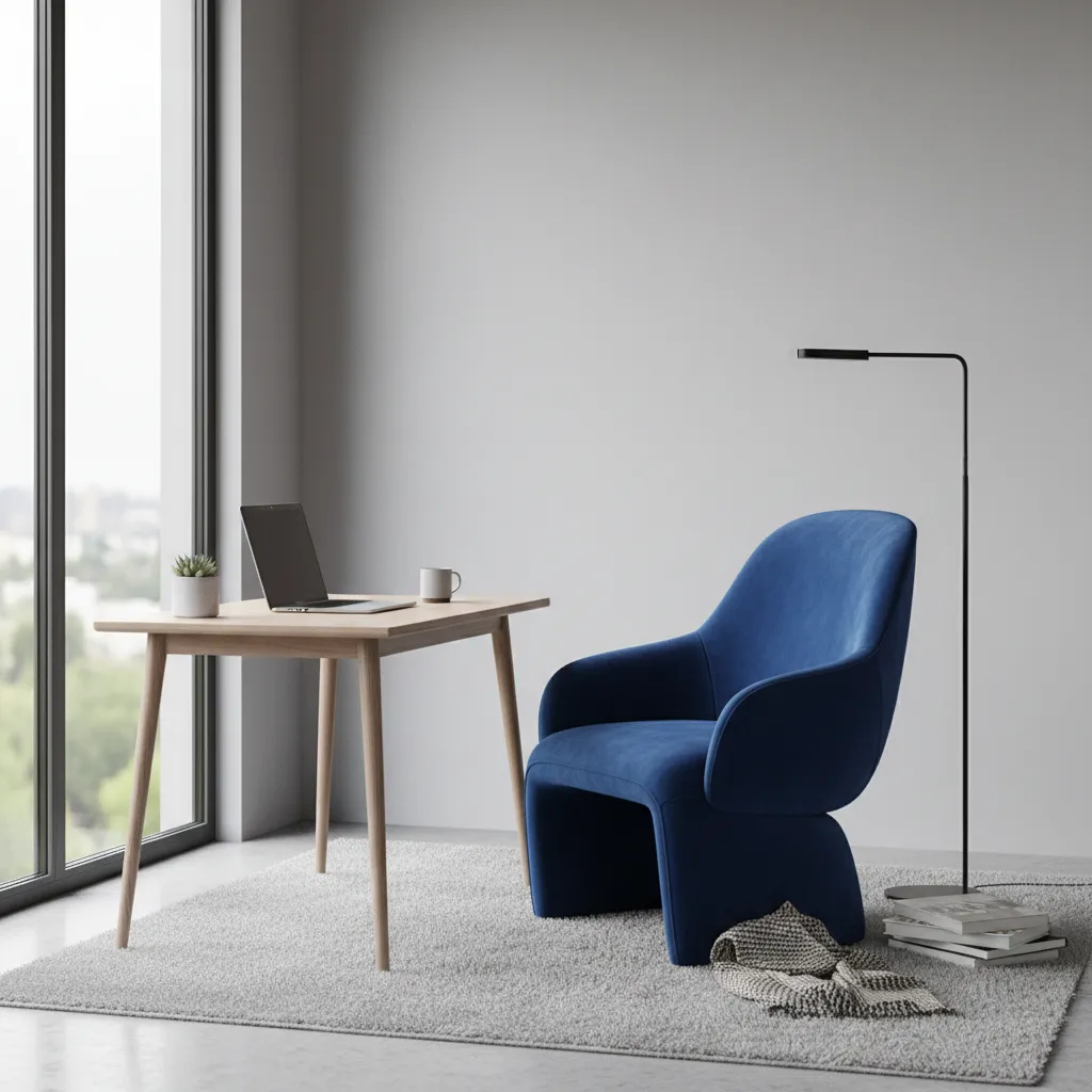 Home office interior with a colorful statement chair near a minimalist desk