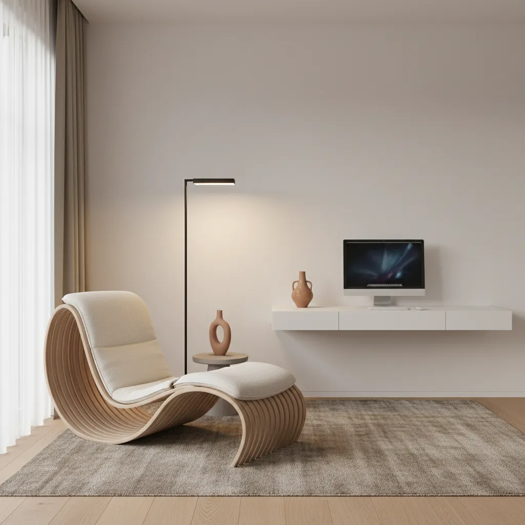 Statement chair with floor lamp and minimal decor in a modern home office