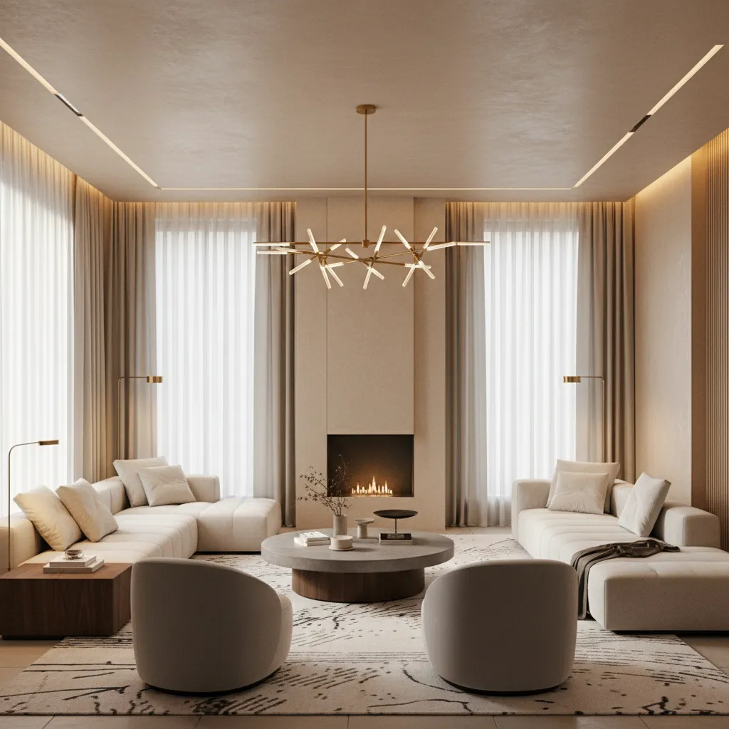 Modern chandelier centered above a living room seating area